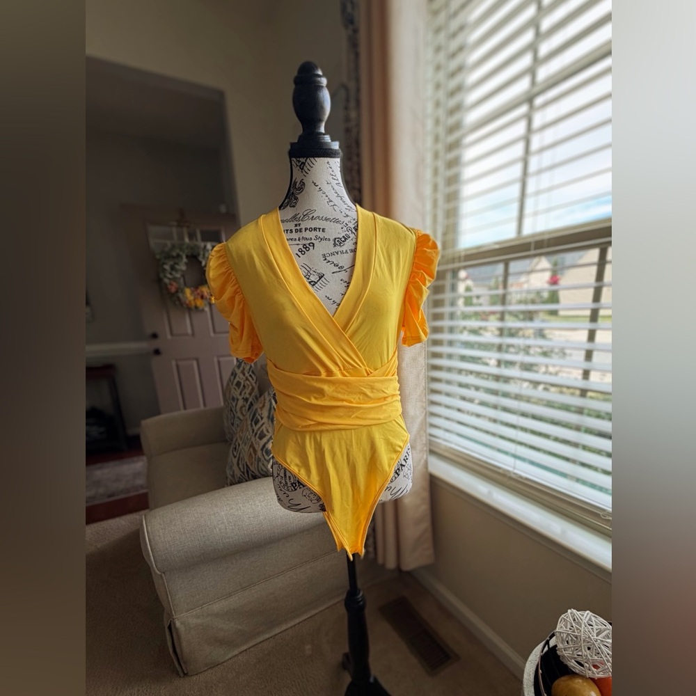 SHEIN Yellow Wrap Bodysuit with Ruffle Sleeves